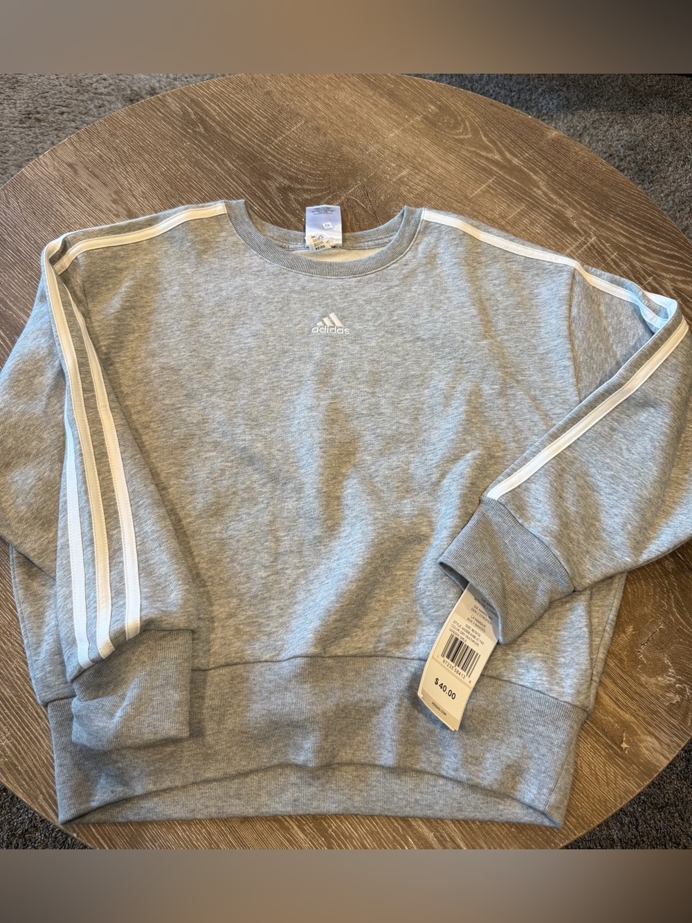 Brand New Adidas Girl’s Gray Crewneck Sweatshirt with White Stripes